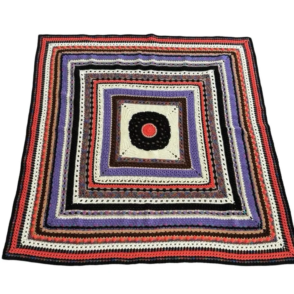 Handmade Crochet Afghan Granny Blanket Pride heavy stitch Boho Rainbow 58”x 60”